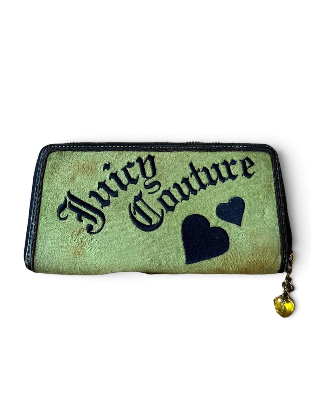 Juicy Couture Green Suede Zip Wallet with Black Logo Hearts